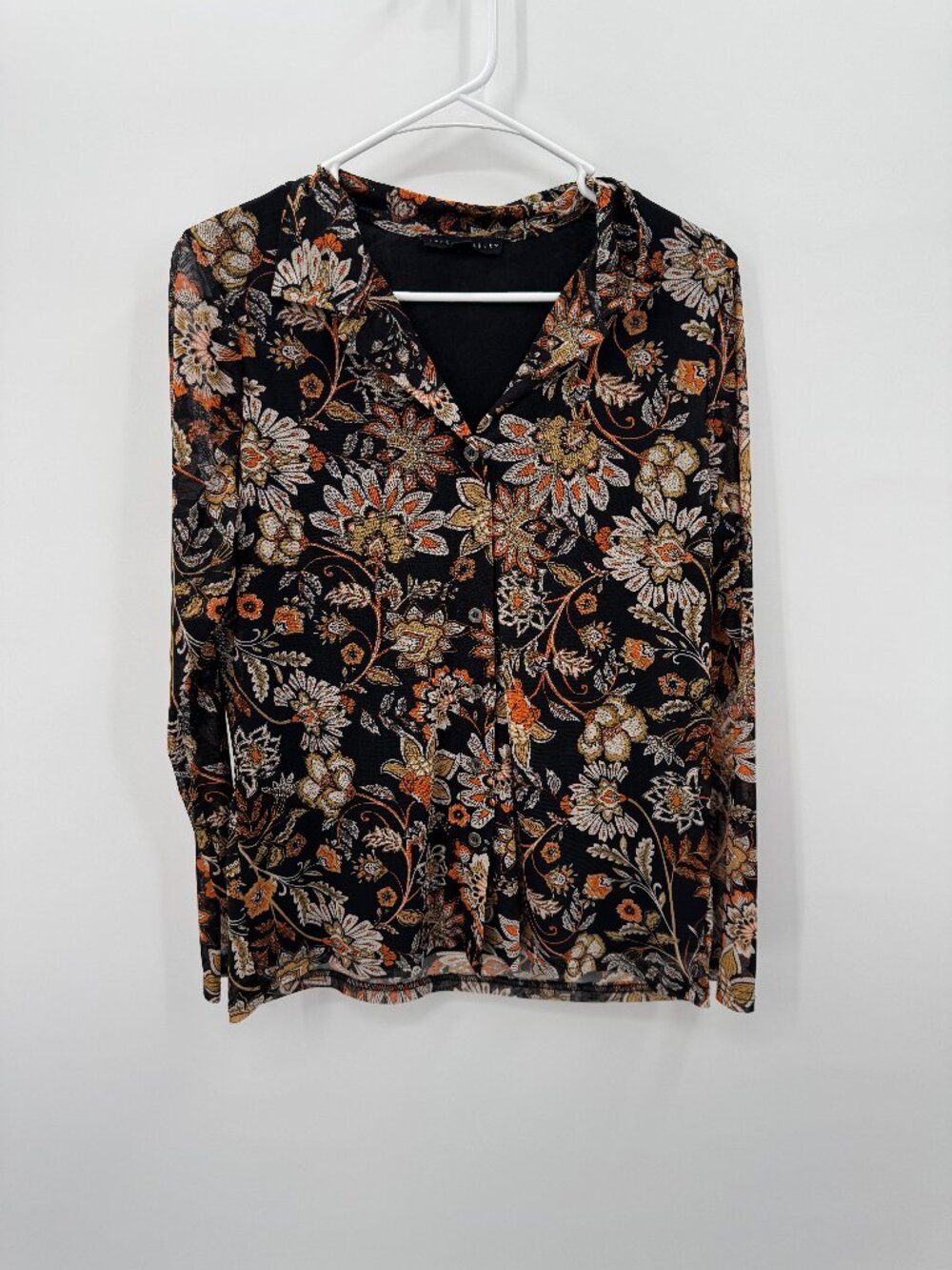 Jane + Delancey Floral Mesh Button Up Top Size Medium Black Orange Whimsigoth